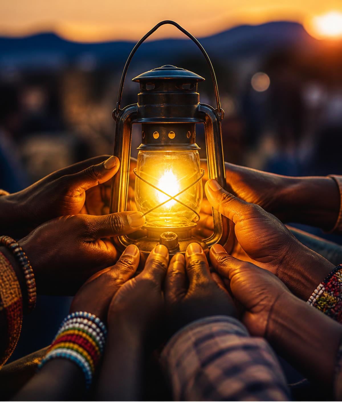 Diverse hands joining together to hold a glowing lantern, symbolising carrying faith's light