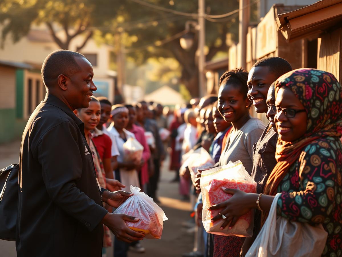 Volunteers handing out food parcels in a community street