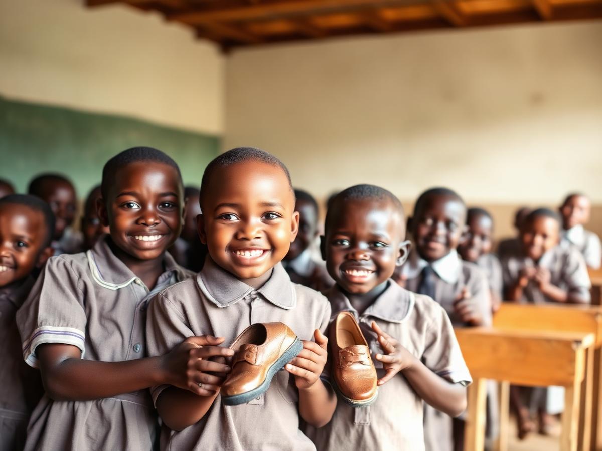 School children receiving new school shoes