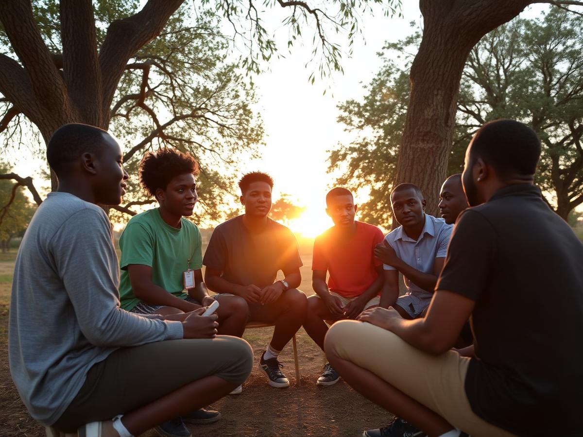 Youth mentorship circle gathered outdoors at sunset