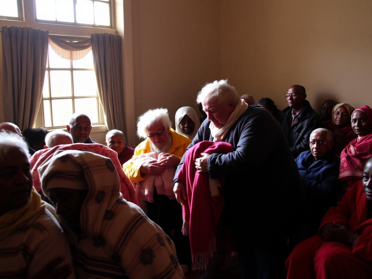 Volunteers distributing warm blankets in a community hall