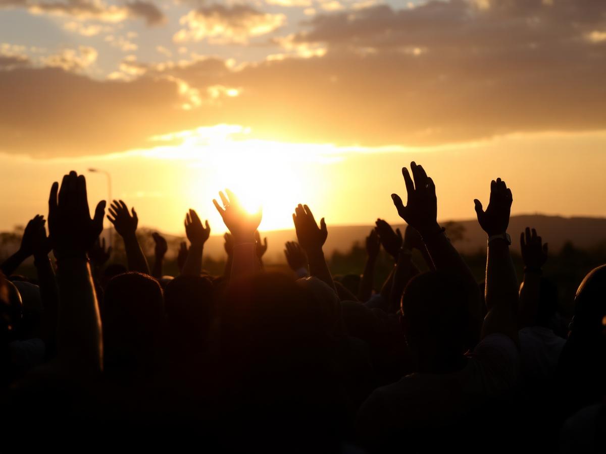Community worship gathering at sunrise with raised hands