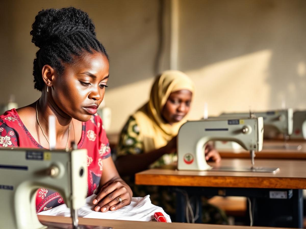 Women learning sewing skills in a training workshop